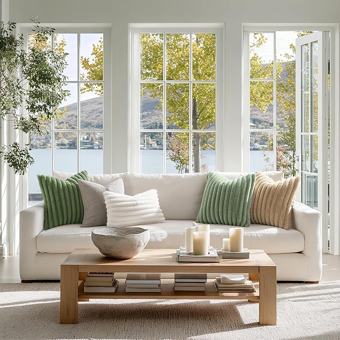 MIULEE Faux Fur Lumbar Decorative Throw Pillow Covers 12x20 Inch Set of 2, Modern Spring Home Decor Soft Plush Couch Pillows Cozy Fluffy Cushion Covers for Sofa Bed Sage Green