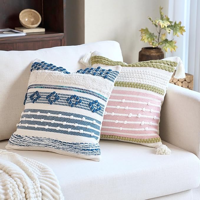 18x18 Boho Tufted Navy Blue Decorative Pillow Cover with Cording Handmade Accent Woven Textured Square Throw Pillow Case for Couch Sofa Farmhouse Living Room Home Decor