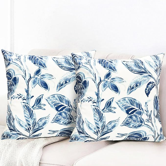 Decorative Throw Pillow Covers Set of 2 Blue Leaves Pillow Covers 16x16 inch Super Soft Short Plush Square Floral Throw Pillows,Farmhouse Outdoor Pillow Covers for Couch Bed Living Room