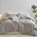 MooMee Striped Duvet Cover Set 100% Washed Cotton Linen Like Textured Breathable Durable Soft Comfy (Light Grey White Wide Stripes, Oversized King Plus 128"x120")
