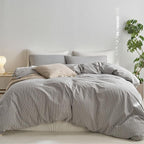 MooMee Striped Duvet Cover Set 100% Washed Cotton Linen Like Textured Breathable Durable Soft Comfy (Light Grey White Wide Stripes, Oversized King Plus 128"x120")