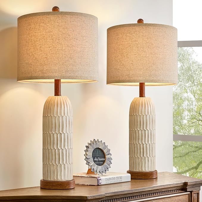 OYEARS 26.5" Table Lamp Set of 2 for Bedroom Living Room with USB A+C Charging Ports Modern Farmhouse Bedside End Lamps Rustic Nightstand Lamps,Brown