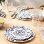 Bzyoo 12-Piece Melamine Dinnerware Set - Indigo Floral | Lightweight, Durable, BPA-Free | Dishwasher Safe Dish Set for Indoor & Outdoor Use - Perfect for Camping, BBQs, Kids Parties