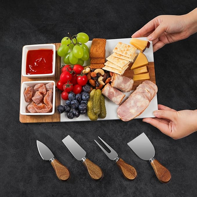 Marble Charcuterie Board, Charcuterie Boards, Cheese Boards, 13" Wood - Marble Cheese Board Set for House Warming Gifts New Home, Couples 2025, Bridal Shower, Hostess Gifts for Couple