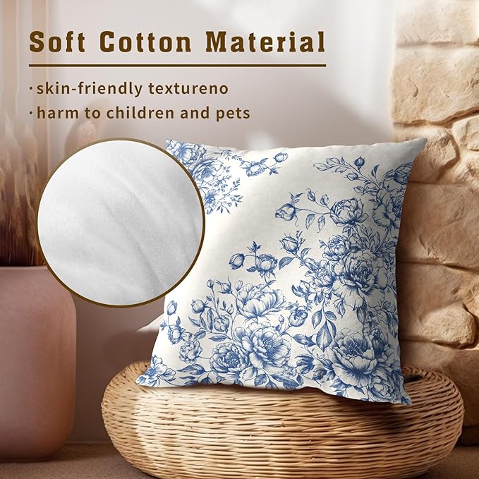 Blue White Flowers Pillow Covers 20x20 Inch, Set of 2 Vintage Floral Chinoiserie Style Decorative Throw Pillowcases Square Cushion Cover for Couch Sofa Bed Farmhouse Home Decor