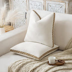 Decorative Neutral Linen Throw Pillow Covers 18x18 Inch Set of 2, Cream White Boho Farmhouse Pillow Covers with Braid Fringe for Sofa Bed Modern Couch Pillow Cases for Organic Home Decor