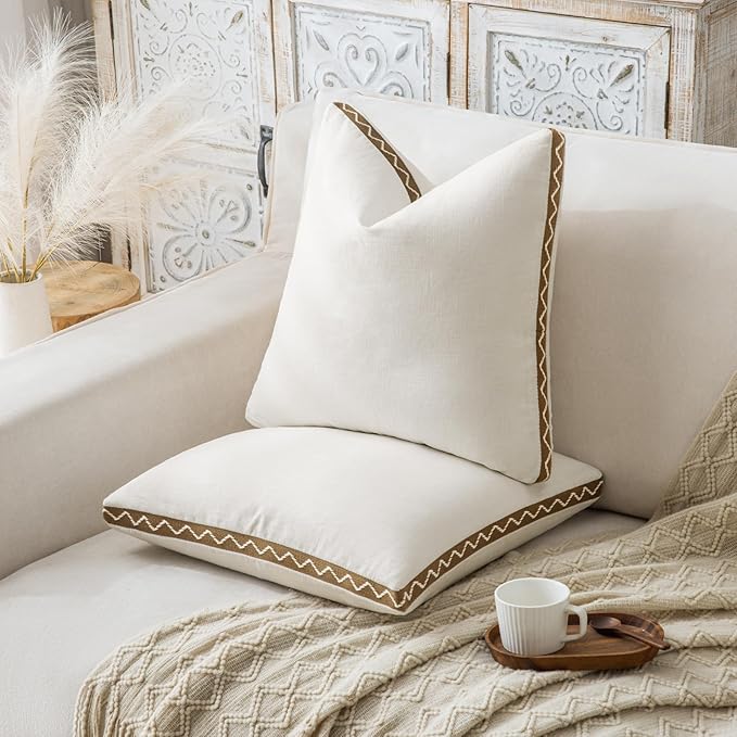 Decorative Neutral Linen Throw Pillow Covers 20x20 Inch Set of 2, Cream White Boho Farmhouse Pillow Covers with Braid Fringe for Sofa Bed Modern Couch Pillow Cases for Organic Home Decor