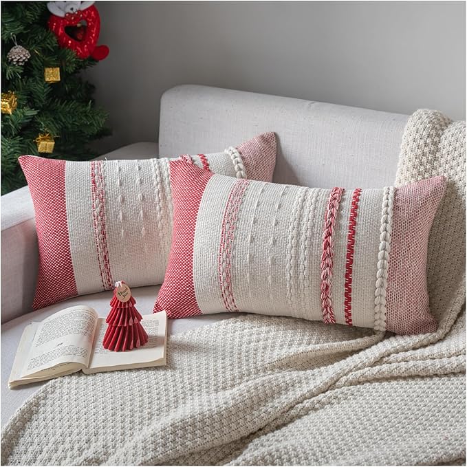Christmas Pillow Covers 12x20 Inch Set of 2, Red Textured Boho Christmas Decorative Couch Pillow Cases for Farmhouse Home Decor, Accent Cushion Cover for Sofa, Bed, Living Room, Bedroom