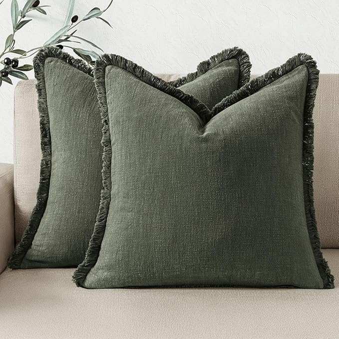 Woaboy Decorative Linen Fringe Throw Pillow Covers Boho Farmhouse Soft Accent Pillowcases with Tassels Christmas Home Decor for Livingroom Couch Sofa Bed,18x18 Inch Set of 2,Dark Olive Green