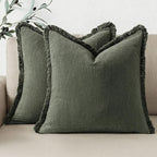 Woaboy Decorative Linen Fringe Throw Pillow Covers Boho Farmhouse Soft Accent Pillowcases with Tassels Christmas Home Decor for Livingroom Couch Sofa Bed,20x20 Inch Set of 2,Dark Olive Green