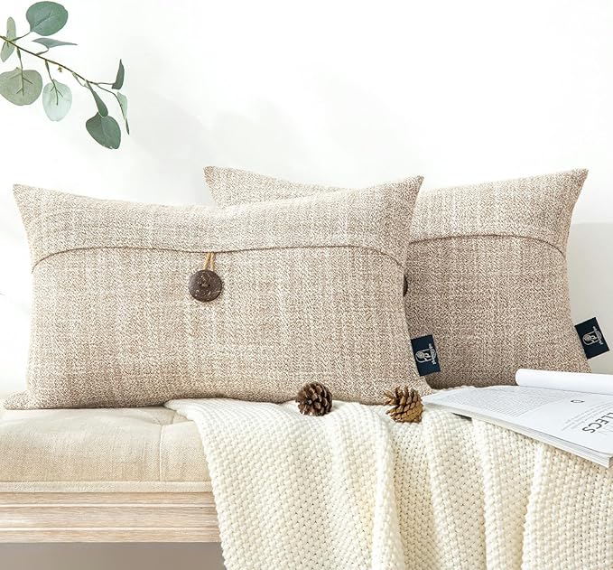 Phantoscope Pack of 2 Farmhouse Throw Pillow Covers Premium Coconut Button Vintage Linen Solid Decorative Pillow Cover for Couch Bed and Chair Beige 12 x 20 inches 30 x 50 cm