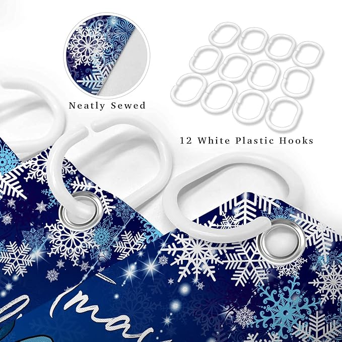 Blue Christmas Shower Curtain, Cute Christmas Gnome Shower Curtain Set, Winter Snowflakes Snow Xmas Shower Curtain Holiday Bathroom Decor, Durable Fabric Machine Washable with Hooks, 72 x 72 Inches