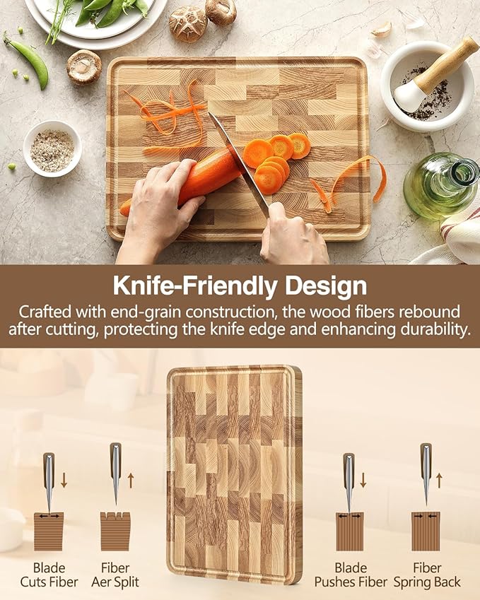 XINZUO Ash Wood Cutting Board for Kitchen, (13.8''L x 9.8''W x 1''T)-End Grain Wood Cutting Board for Meat-Chopping Boards with Slip Feet, Side Handles,Juice Groove