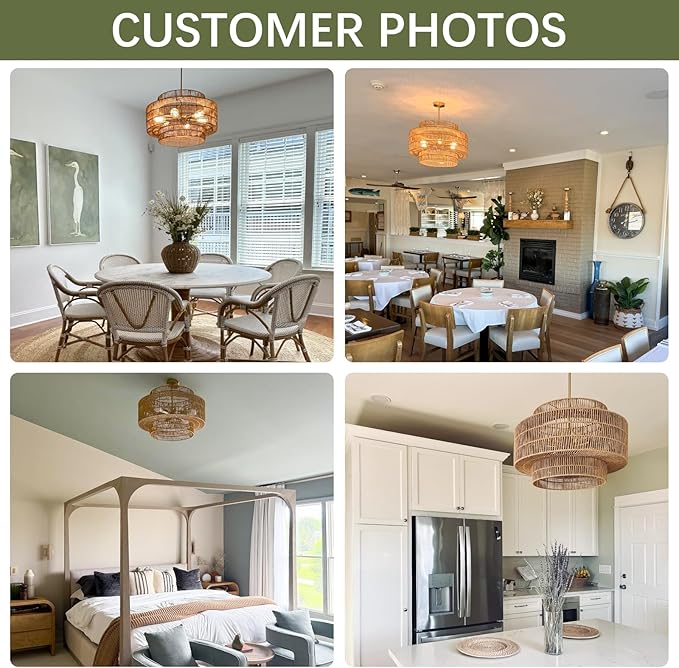 24” Boho Large Rattan Chandelier Light Fixture,6-Light Large Hand Woven Pendant Light Fixture Farmhouse Rustic Chandeliers for Kitchen Bedroom, Dining Room, Living Room, Hallway, Foyer