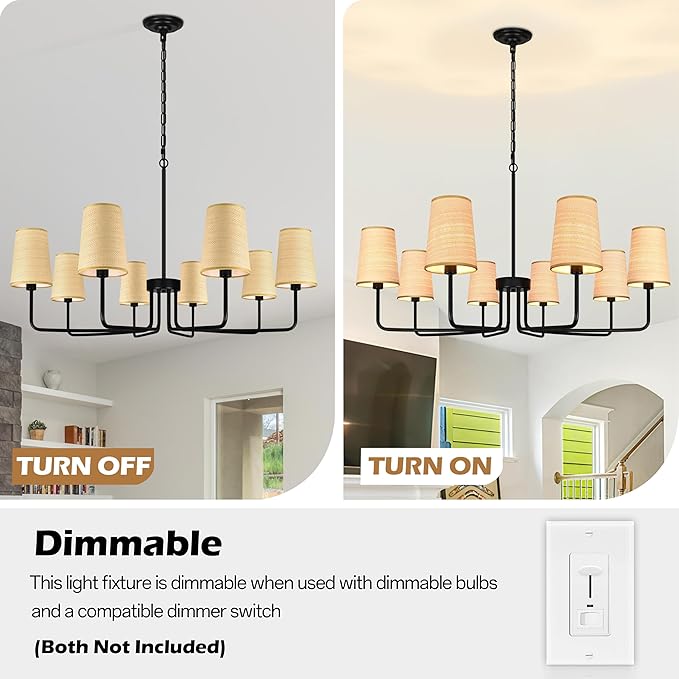 8-Light 39" Black with Fabric Shades Chandelier Farmhouse Linear Island Lighting Fixture Large Adjustable Pendant Lighting Fixtures for Living Room Kitchen Island Dining Room