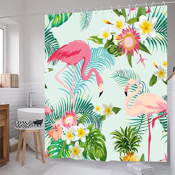 Pink Flamingo Shower Curtain Tropical Floral Leaves Green Summer Shower Curtains for Bathroom Waterproof Polyester Fabric Bath Curtain 72 x 72 Inch with 12 Plastic Hooks