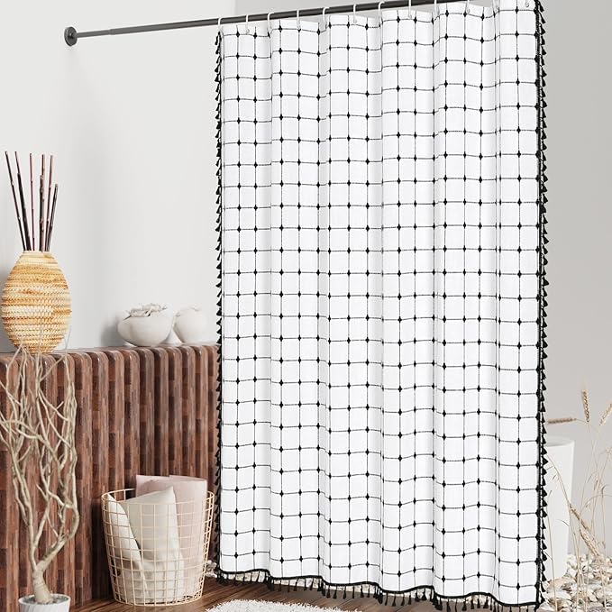 MitoVilla White Black Boho Shower Curtains for Modern Farmhouse Bathroom Decor, Ivory Country Thick Polyester Linen Fabric Cloth with Tassel, 72 x 72