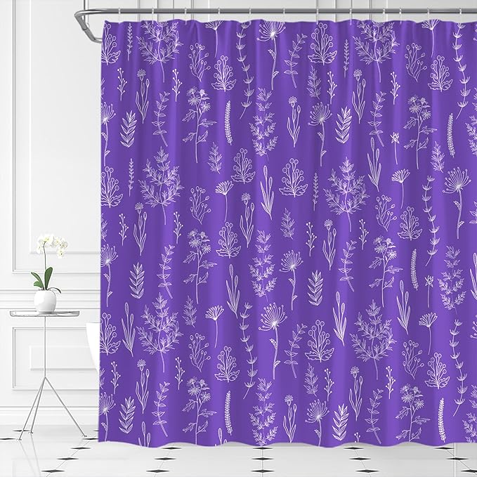 Purple Herbs Shower Curtain Boho Floral Lavender Retro Botanical Vintage Farmhouse Cute Leaves Plant Flowers Bathroom Curtain Set with Hooks(70" Wx84 H)