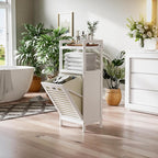 HITNET Bamboo Tilt Out Hamper, Bathroom Laundry Cabinet with Hidden Foldable Basket, Freestanding Clothes Storage Organizer with Storage Shelf, White