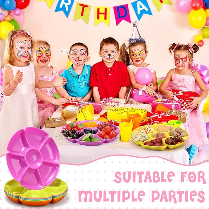 Zhehao 6 Pcs Plastic Divided Serving Trays with 60 Pcs Disposable Fork, 7 Compartments Round Chip Dip Plate, Petal Shape Platter, 10.6'' Snacks Serving Dish for Party Candy Nuts Fruits (Vibrant Color)