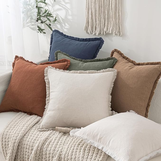 MIULEE Christmas Decorative Throw Pillow Covers Neutral Linen Fringe Fall Throw Pillows Set of 2 Natural Beige Boho Farmhouse Cushion Covers with Tassels for Couch Sofa Bed Home Decor 20x20 Inch
