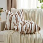FUTEI Brown Decorative Throw Pillow Covers 22x22 Inch Set of 2, Soft Tie-Dye Faux Rabbit Fur Striped Texture Cushion Case, Modern Home Decor for Couch Bed Living Room