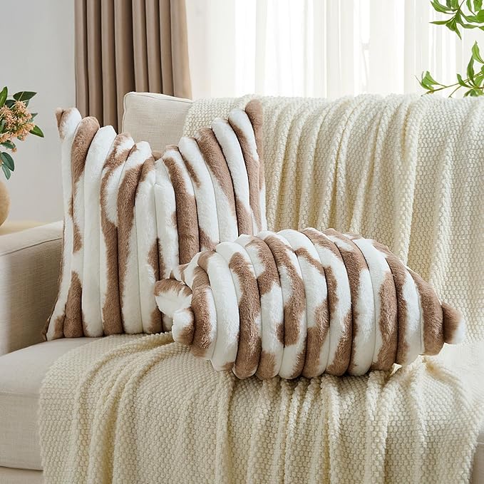 FUTEI Brown Decorative Throw Pillow Covers 16x16 Inch Set of 2, Soft Tie-Dye Faux Rabbit Fur Striped Texture Cushion Case, Modern Home Decor for Couch Bed Living Room