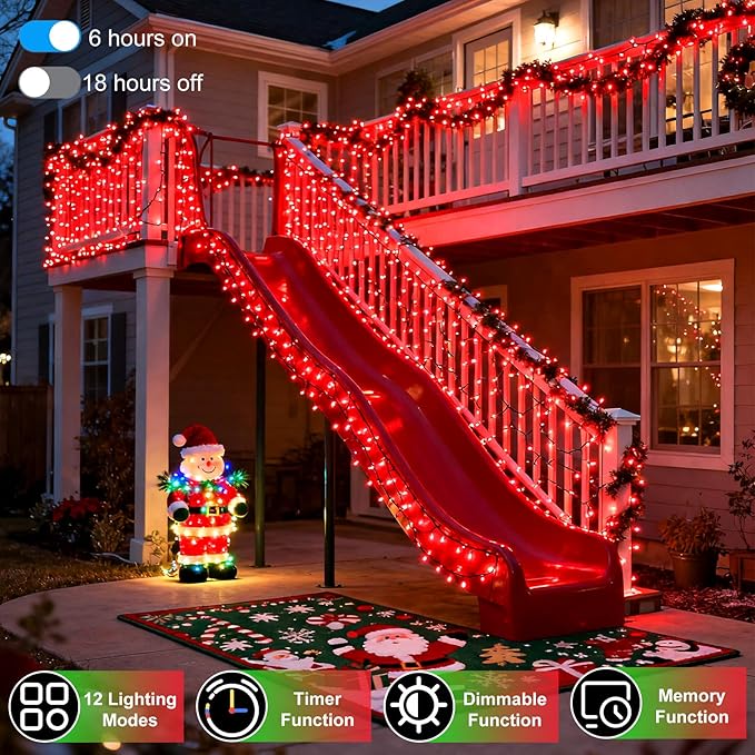 340 LED 90FT Christmas String Lights Outdoor, 12 Pro Modes and Timer Memory & Brightness, Plug in Outdoor Waterproof Clear Wire Twinkle Light for for Xmas Yard Tree Wedding Party Decor (Red)