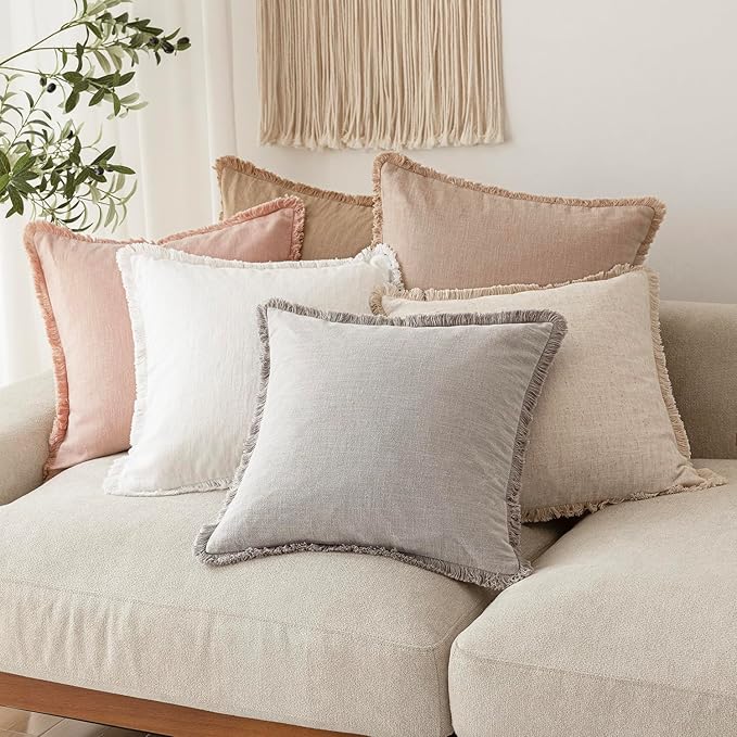 Foindtower Set of 2 Decorative Linen Fringe Throw Pillow Covers Boho Farmhouse Cushion Cover with Tassels Soft Accent Pillowcase for Couch Chair Sofa Bed Living Room Home Decor,18×18 Inch,Dusty Pink