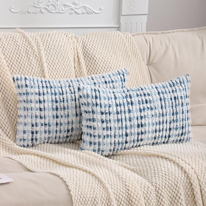 LUOYEHK Boho Throw Pillow Covers 12x20 Inch Set of 2 Chenille Tufted Pillow Case Farmhouse Neutral Cushion Covers for Couch Sofa Bed Living Room, Blue White