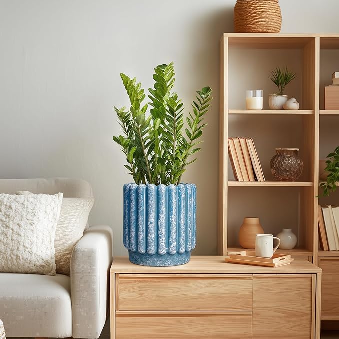 Ceramic Planter - 7.6 Inch Ceramic Plant Pots with Drainage Hole, Decorative Flower Pots for Indoor Outdoor, Fluted Round Planter, Room Home Decor, Plant Lover Gifts for Women, Blue