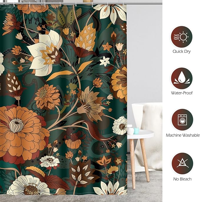 Aimego Long Boho Shower Curtain - Dark Green Floral Bohemian Chic Flowers Botanical Leaves Fabric Cloth Shower Curtain Set with 12 Hooks for Bathroom Decor Accessories Bathtub Curtain, 72"x78"