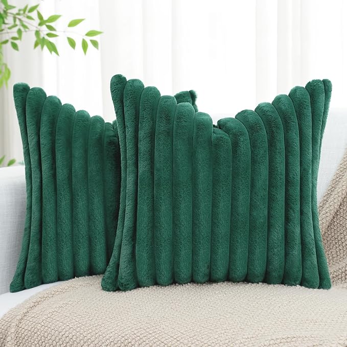 decorUhome Faux Fur Christmas Throw Pillow Covers 24x24 Set of 2, Decorative Soft Plush Striped Neutral Couch Euro Pillow Covers with Velvet Back for Sofa, Bed, Living Room Home Decor, Christmas Green
