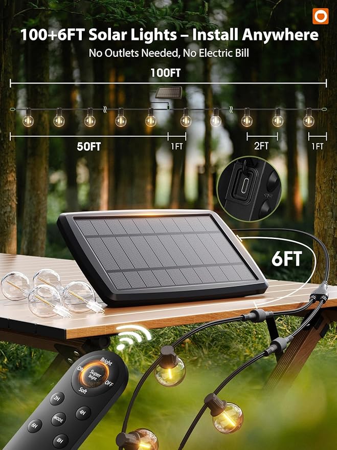 addlon 100FT Solar String Lights Outdoor with Remote, 54 LED Shatterproof Bulbs, Dimmable & Timable, 3 Light Modes, G40 Waterproof Solar String Lights for Outside Backyard Party Decor