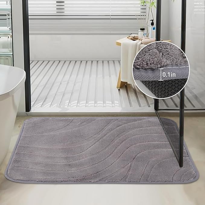 Bath Mats 30x20 Non-Slip Absorbent Bathroom Rug, Quick Dry Machine Washable Shower Tub Mat with Rubber Backing, Soft Floor Carpet for Bathroom Decor Wave Dark Grey