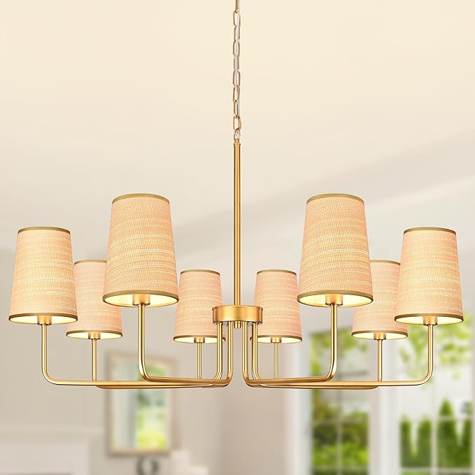 8-Light 39" Gold with Fabric Shades Chandelier Farmhouse Linear Island Lighting Fixture Large Adjustable Pendant Lighting Fixtures for Living Room Kitchen Island Dining Room