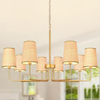 8-Light 39" Gold with Fabric Shades Chandelier Farmhouse Linear Island Lighting Fixture Large Adjustable Pendant Lighting Fixtures for Living Room Kitchen Island Dining Room