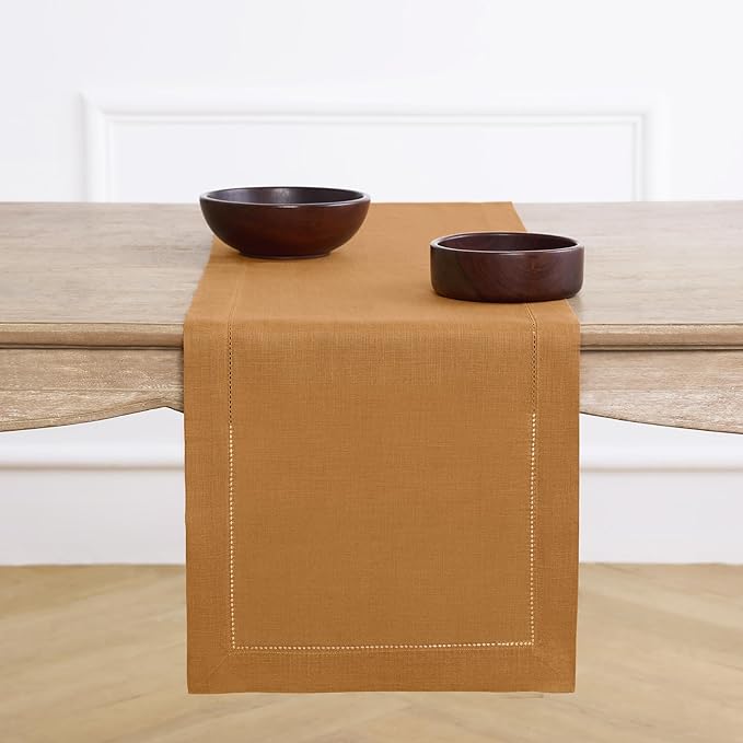 Solino Home Linen Brown Sugar Table Runner 72 Inches Long - 100% Pure Linen Hemstitch Table Runner 14 x 72 Inch for Dresser, Dining, Fall, Autumn, Halloween, Thanksgiving - Classic Hemstitch