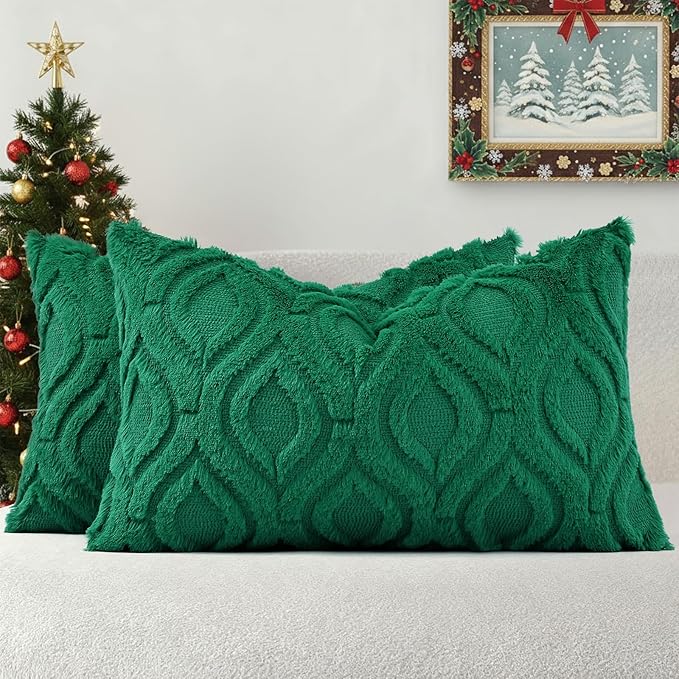 decorUhome Christmas Throw Pillow Covers 12x20 Inch Set of 2, Soft Plush Decorative Faux Fur Green Solid Couch Pillow Covers, Accent Farmhouse Neutral Lumbar Euro Pillow Cases for Sofa Bed Living Room