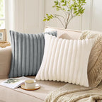Pallene Faux Fur Plush Throw Pillow Covers 22x22 Set of 2, Luxury Soft Fluffy Striped Decorative Pillow Covers for Sofa, Couch, Living Room, Grey