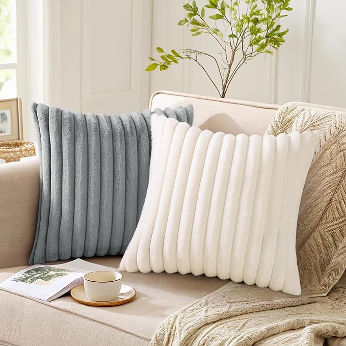 Pallene Faux Fur Plush Throw Pillow Covers 24x24 Set of 2, Luxury Soft Fluffy Striped Decorative Pillow Covers for Sofa, Couch, Living Room, Grey