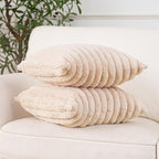 NiNi ALL Faux Fur Plush Throw Pillow Covers Beige 22x22 Inch Set of 2 Decorative Soft Plush Striped Couch Pillow Cover for Sofa Cushion Cases for Couch Bed Home Decor