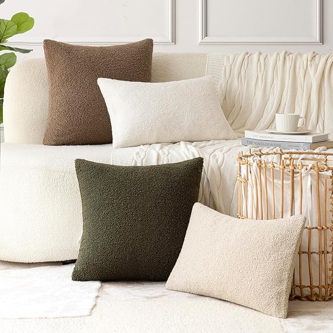 Foindtower Pack of 2, Curly Faux Fur Decorative Throw Pillow Covers Soft Plush Cushion Case with Zipper Cozy Boho Lumbar Pillowcase for Home Living Room Couch Bedroom Sofa 12 x 20 Inch, Light Beige