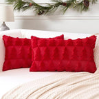 OTOSTAR Set of 2 Xmas Soft Plush Short Wool Velvet Decorative Throw Pillow Covers Rectangular Luxury Style Cushion Case Pillow Shell for Sofa Bedroom Christmas Tree Red, 16x24 Inch