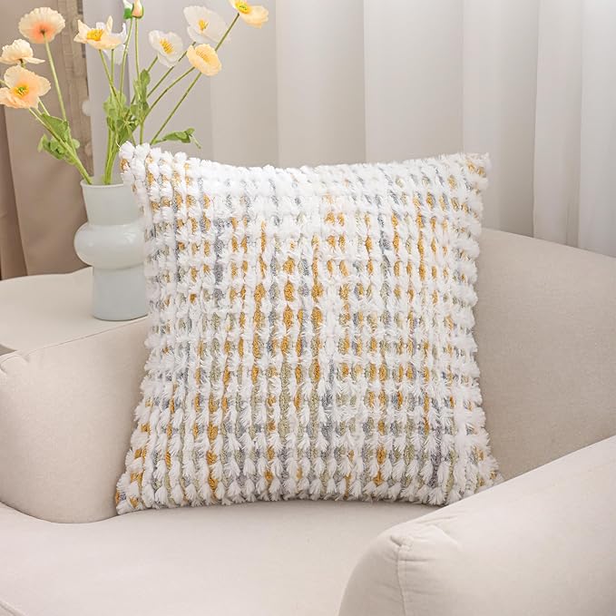 LUOYEHK Boho Throw Pillow Covers 18x18 Inch Set of 2 Chenille Tufted Pillowcase Farmhouse Neutral Cushion Covers for Couch Sofa Bed Living Room, Yellow White