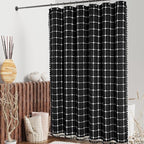 MitoVilla Black Boho Extra Long Shower Curtain 72 x 84, Modern Farmhouse 84 inch XL Polyester Linen Texture Tassel Fabric Shower Curtain Set with Hooks for Cottagecore Country Bathroom Decor