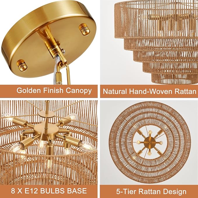 25.6" Large Rattan Chandelier Vintage 8-Lights Farmhouse Boho Hand-Woven Bamboo Chandelier Light Fixture Retro Drum Wicker Golden Chandeliers for Dining Room, Kitchen, Bedroom, E12