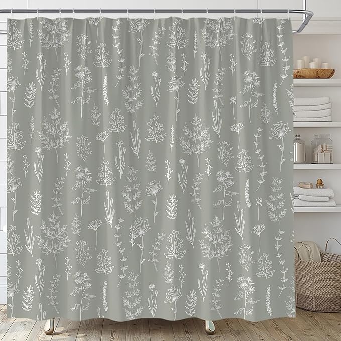 Grey Botanical Shower Curtain Vintage Herbs Floral Farmhouse Cute Boho Leaves Plant Retro Flowers Bathroom Curtain Set with Hooks(74.8" Wx70 H)