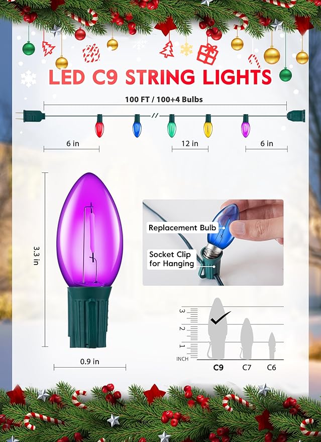 Vintage C9 LED Christmas Lights Outdoor, 100 Ft C9 String with 100 Shatterproof Colorful Bulbs, Waterproof Connectable Christmas Tree Lights for Roofline Holiday Garden Party Xmas Decorations