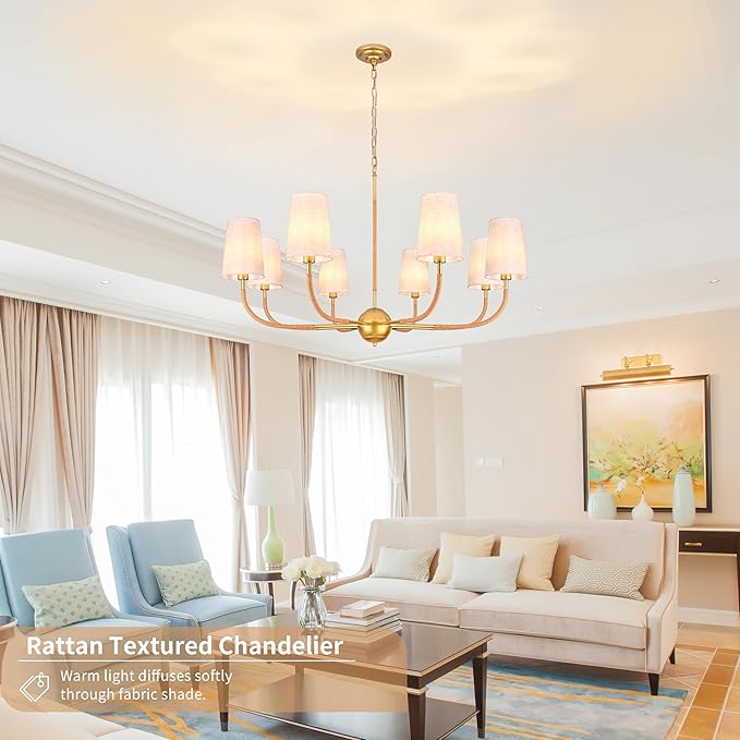 39" Gold Boho Fabric Chandelier for Living Room 8-Light Large Coastal Boho Pendant Light Fixture Bedroom Adjustable Rustic Farmhouse Chandeliers for Dining Room Kitchen Island Foyer